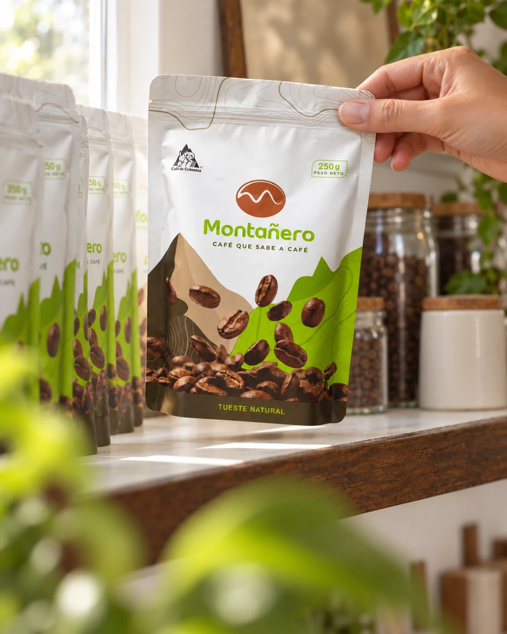 Bolsas de Café Montañero en un estante de cocina