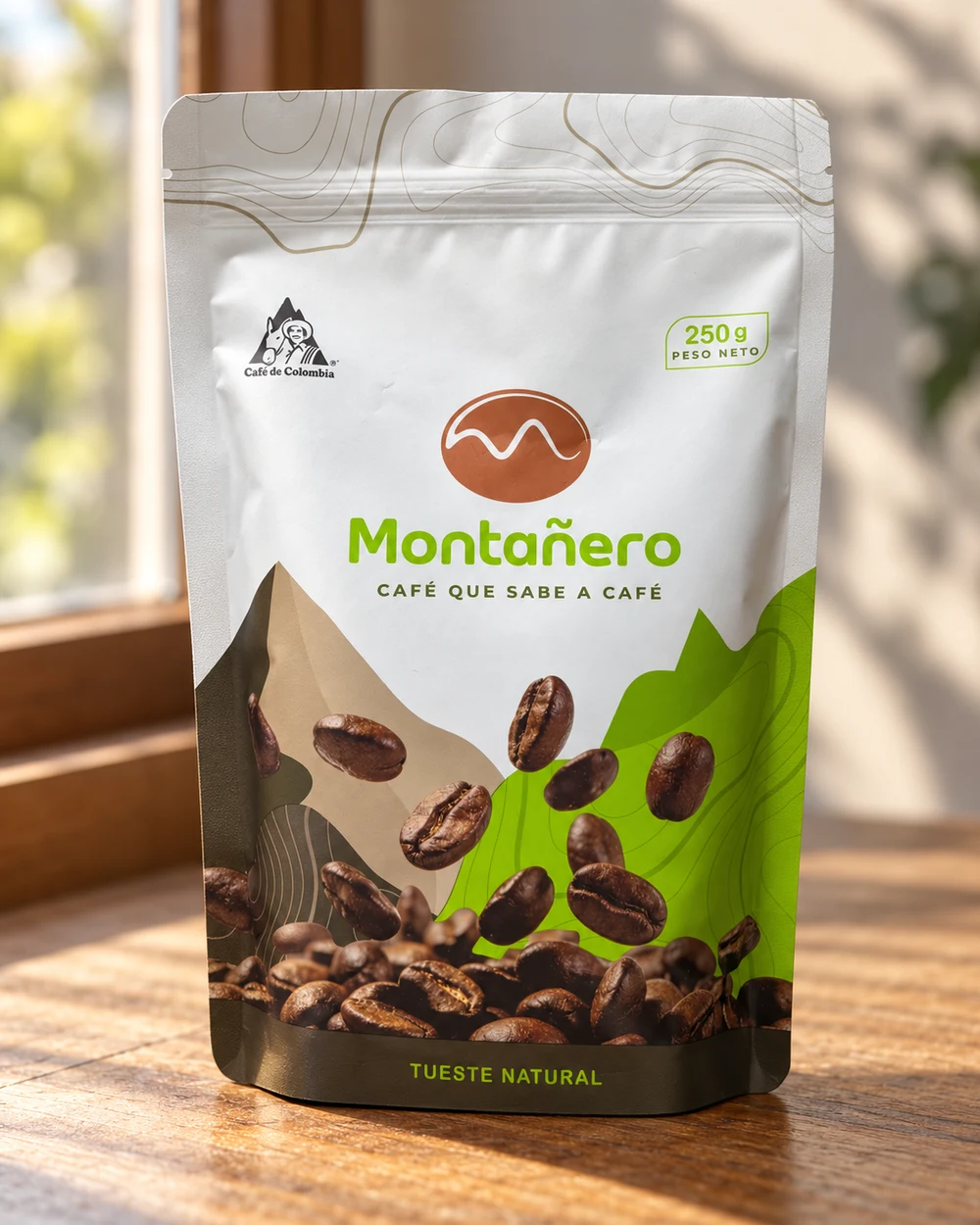 La bolsa de Café Montañero sobre una mesa de madera, junto a la ventana