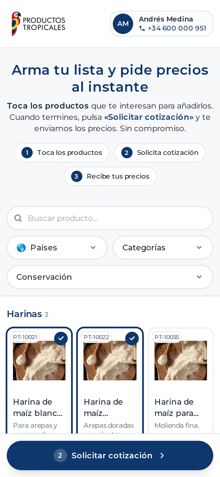 Catálogo del cotizador en el móvil con dos productos elegidos