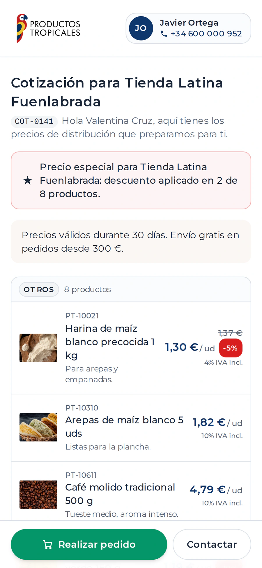 Cotización recibida en el móvil con el botón de realizar pedido