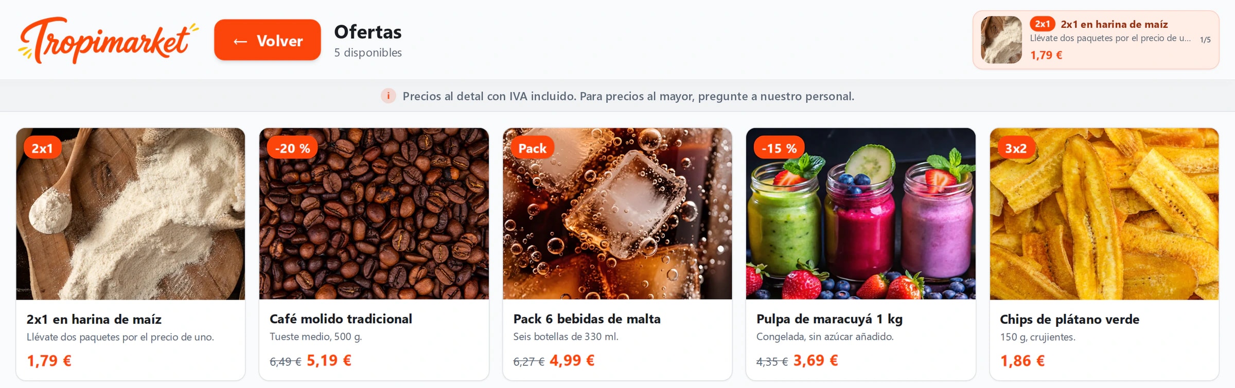 Ofertas del kiosco con su descuento y su precio anterior