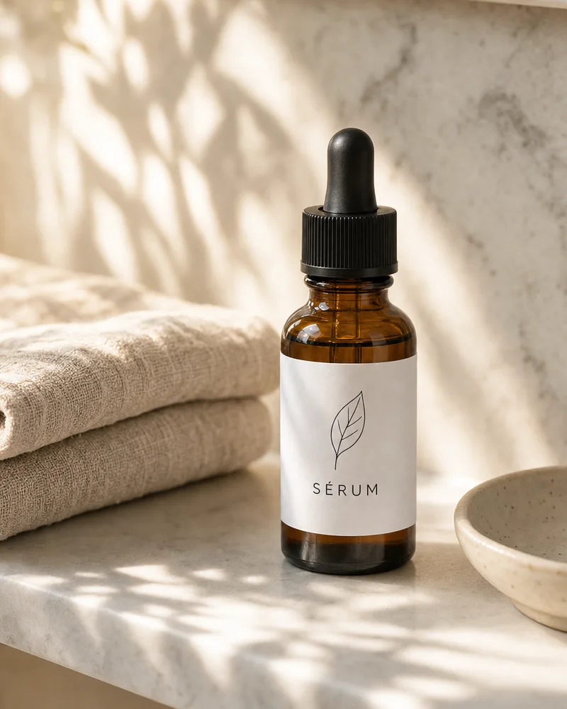 El frasco de sérum en una repisa de mármol con luz de mañana