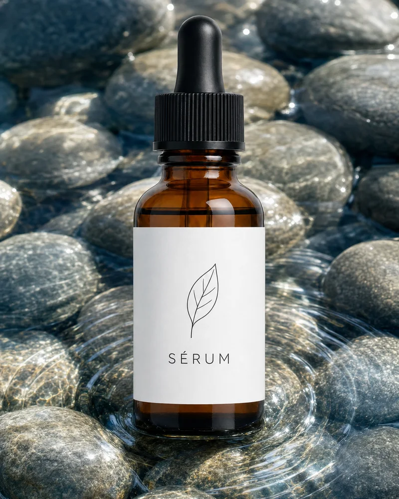 El frasco de sérum sobre piedras con reflejos de agua