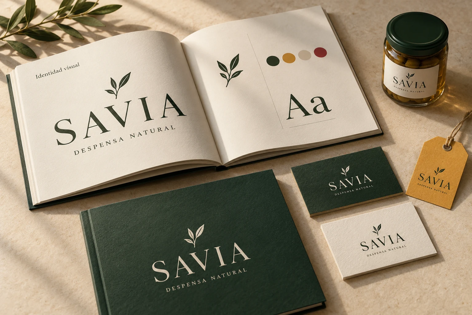 Identidad de la marca ficticia SAVIA: manual abierto con logotipo, paleta y tipografías, tarjetas y un envase