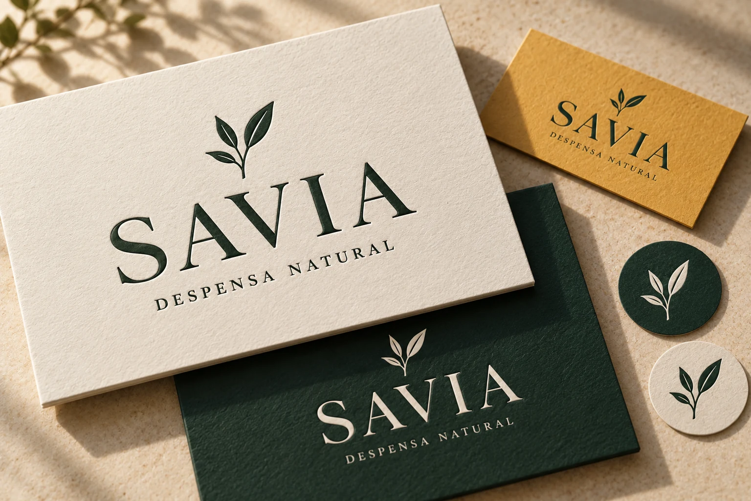 Logotipo de SAVIA impreso en relieve sobre tarjetas de distintos colores y su símbolo en pequeños sellos