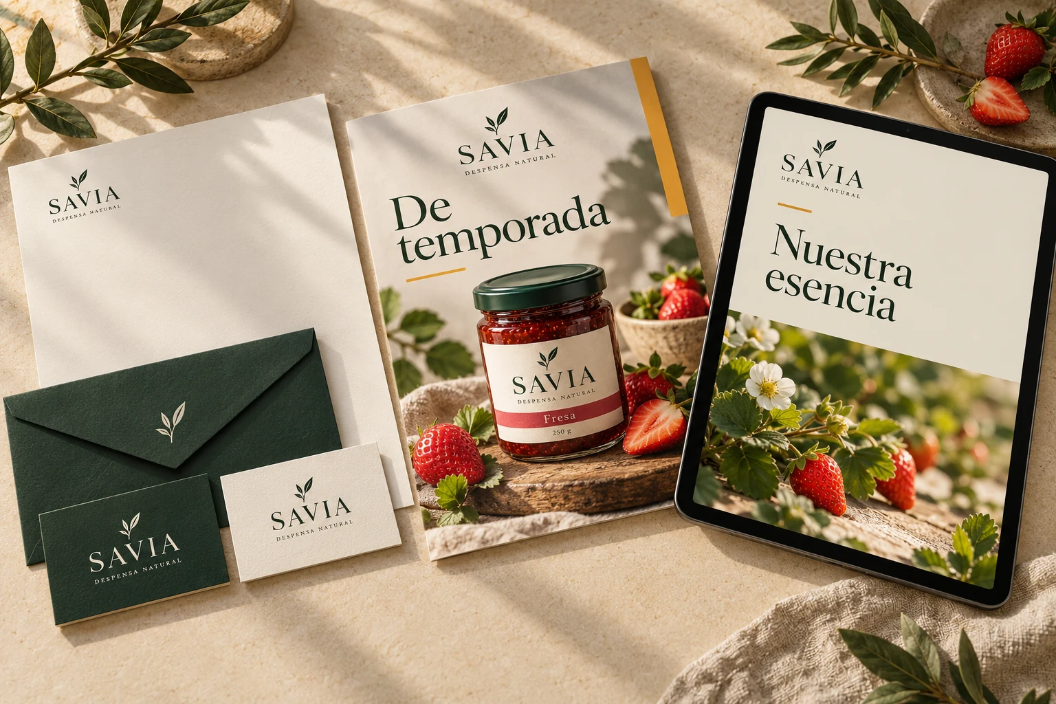 Papelería de SAVIA: tarjetas, sobre, hoja con membrete, folleto y una presentación en una tablet