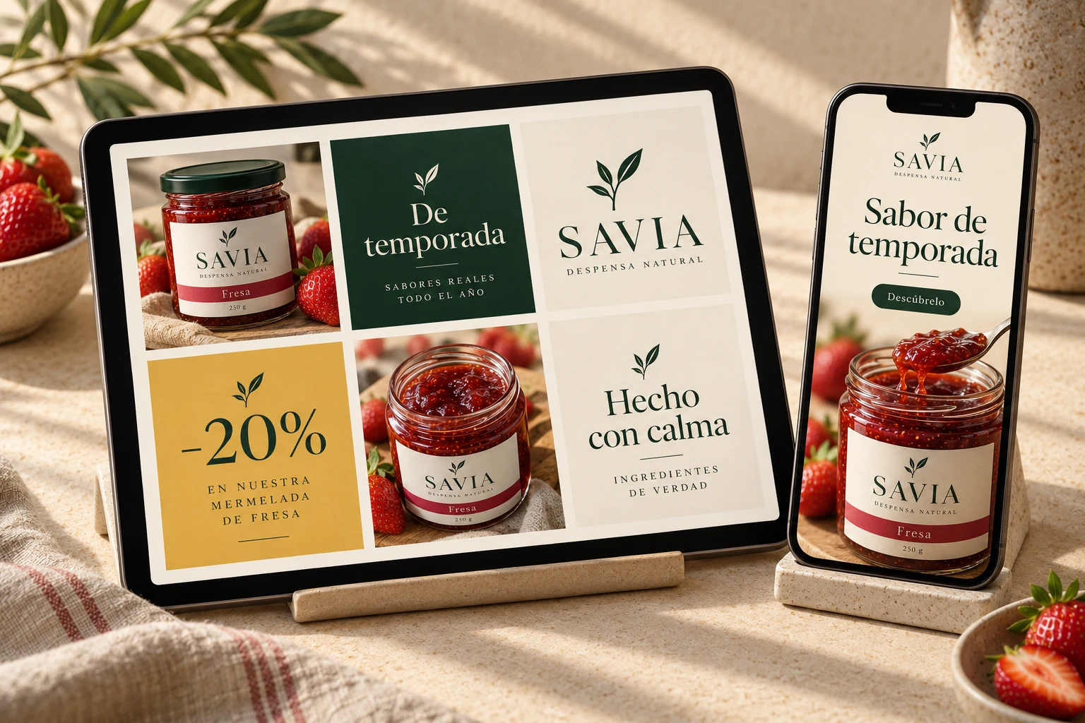 Tablet con seis publicaciones de SAVIA y un móvil con una historia, con fotografías de producto y diseños coordinados