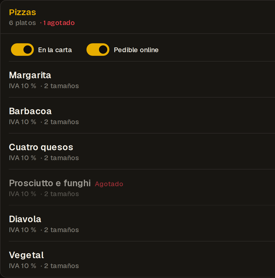 Carta en el panel, con una pizza marcada como agotada