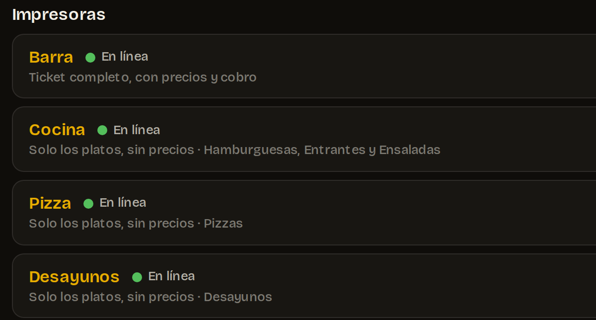 Las cuatro impresoras del restaurante, todas en línea