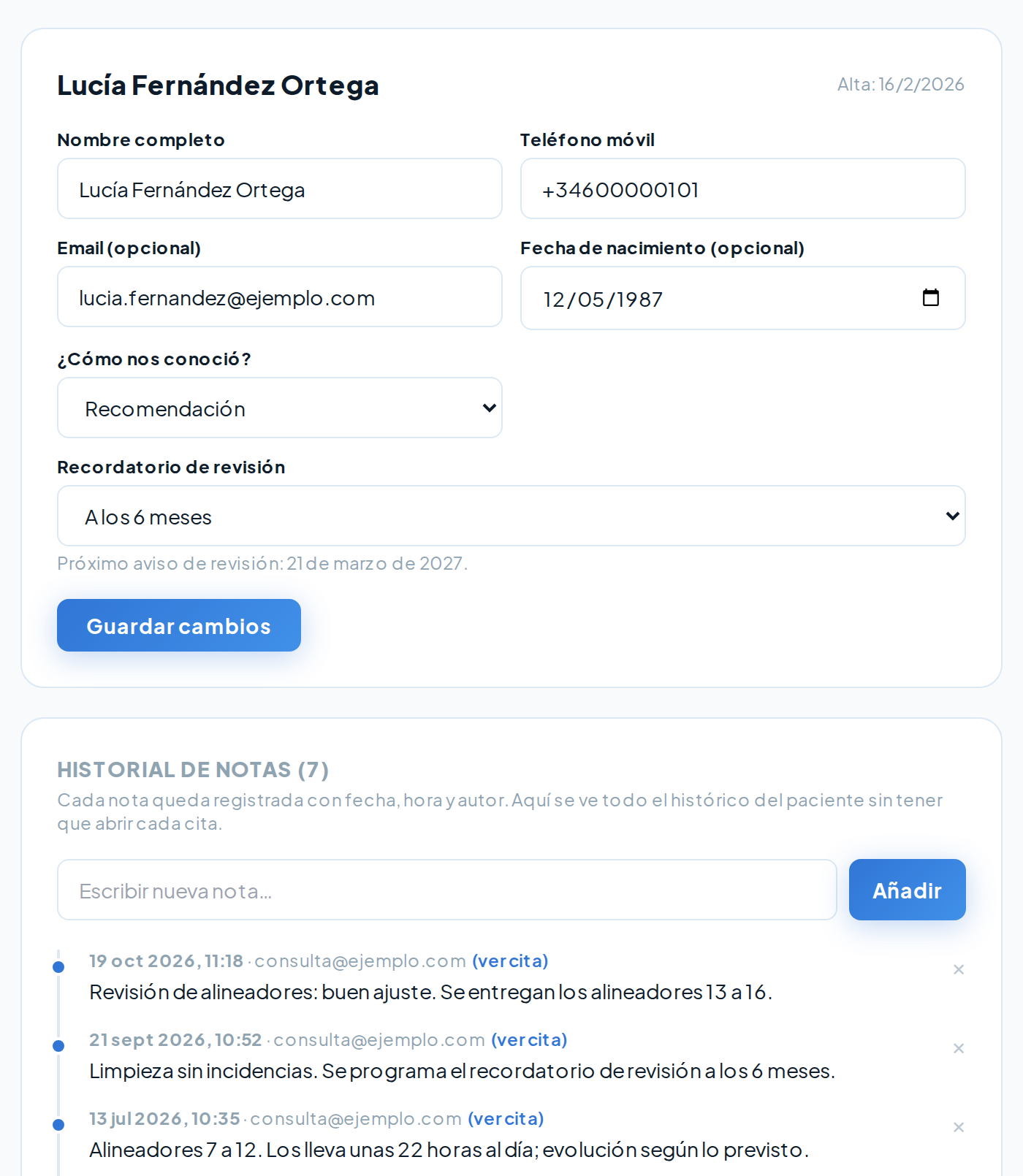 Ficha de un paciente con su historial de notas