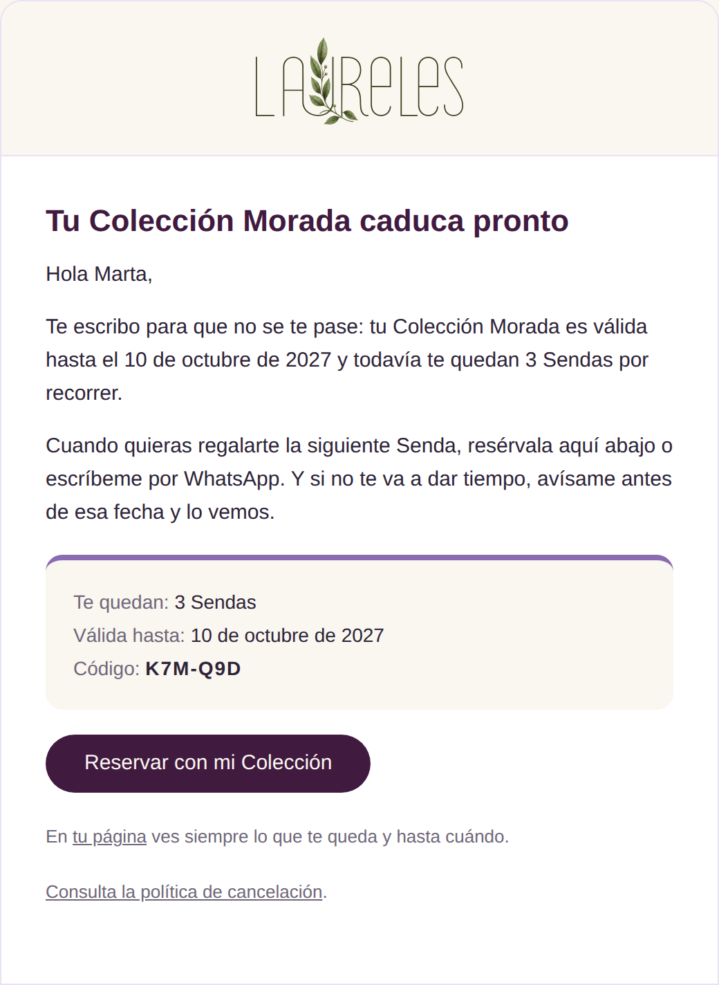 Email de aviso de una colección que caduca pronto