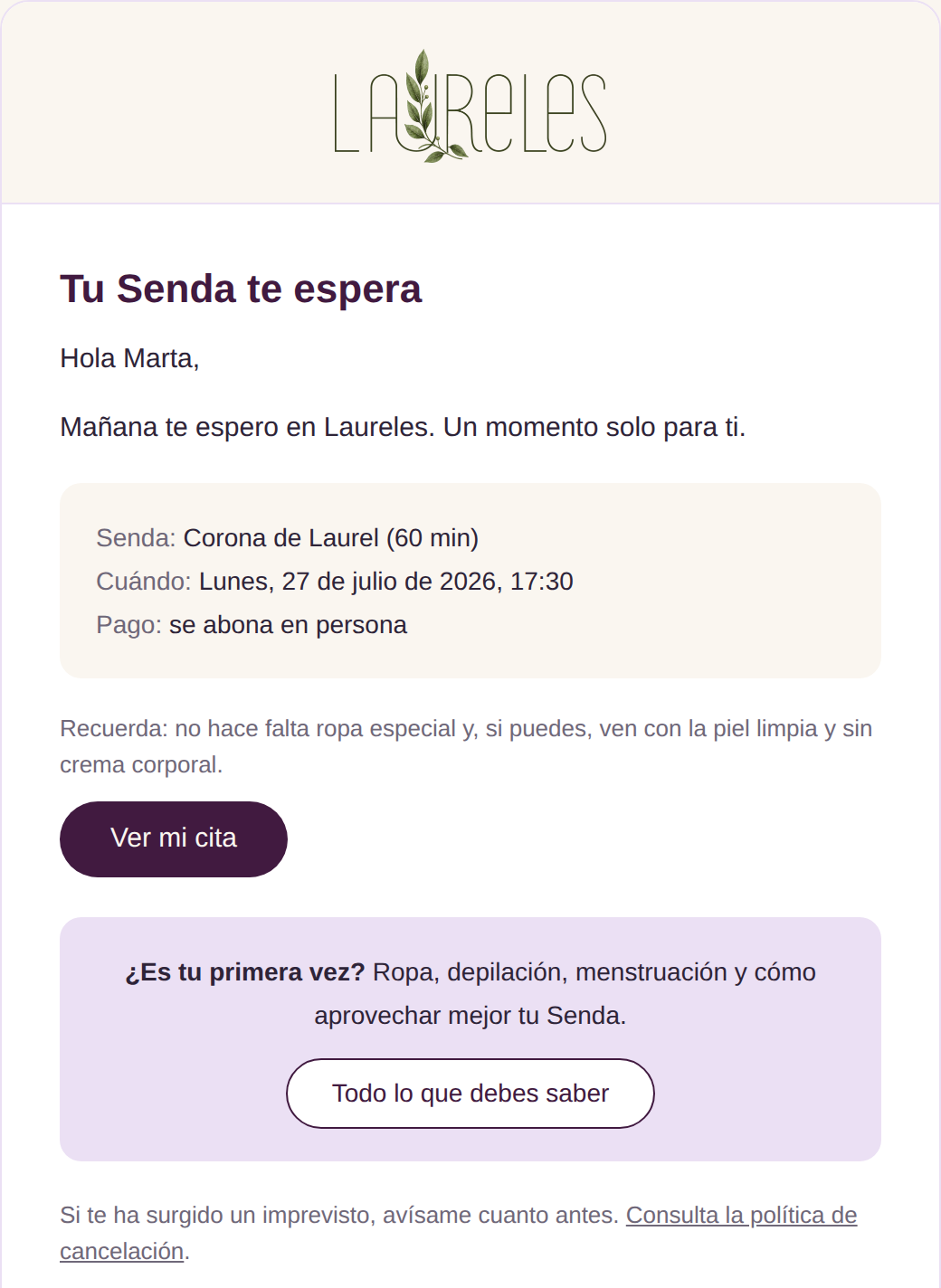 Email de recordatorio de la cita del día siguiente