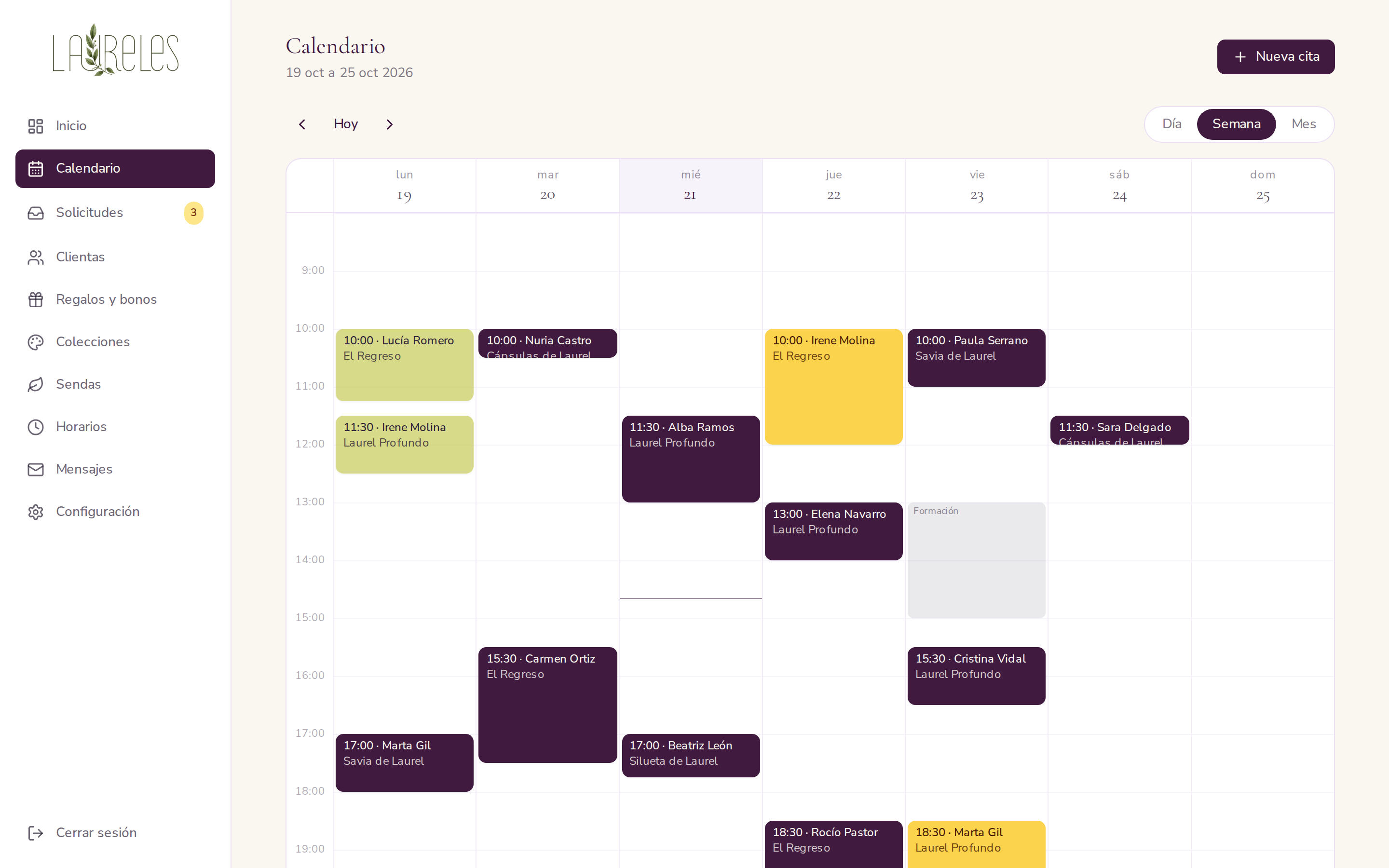 Calendario semanal del panel de Laureles
