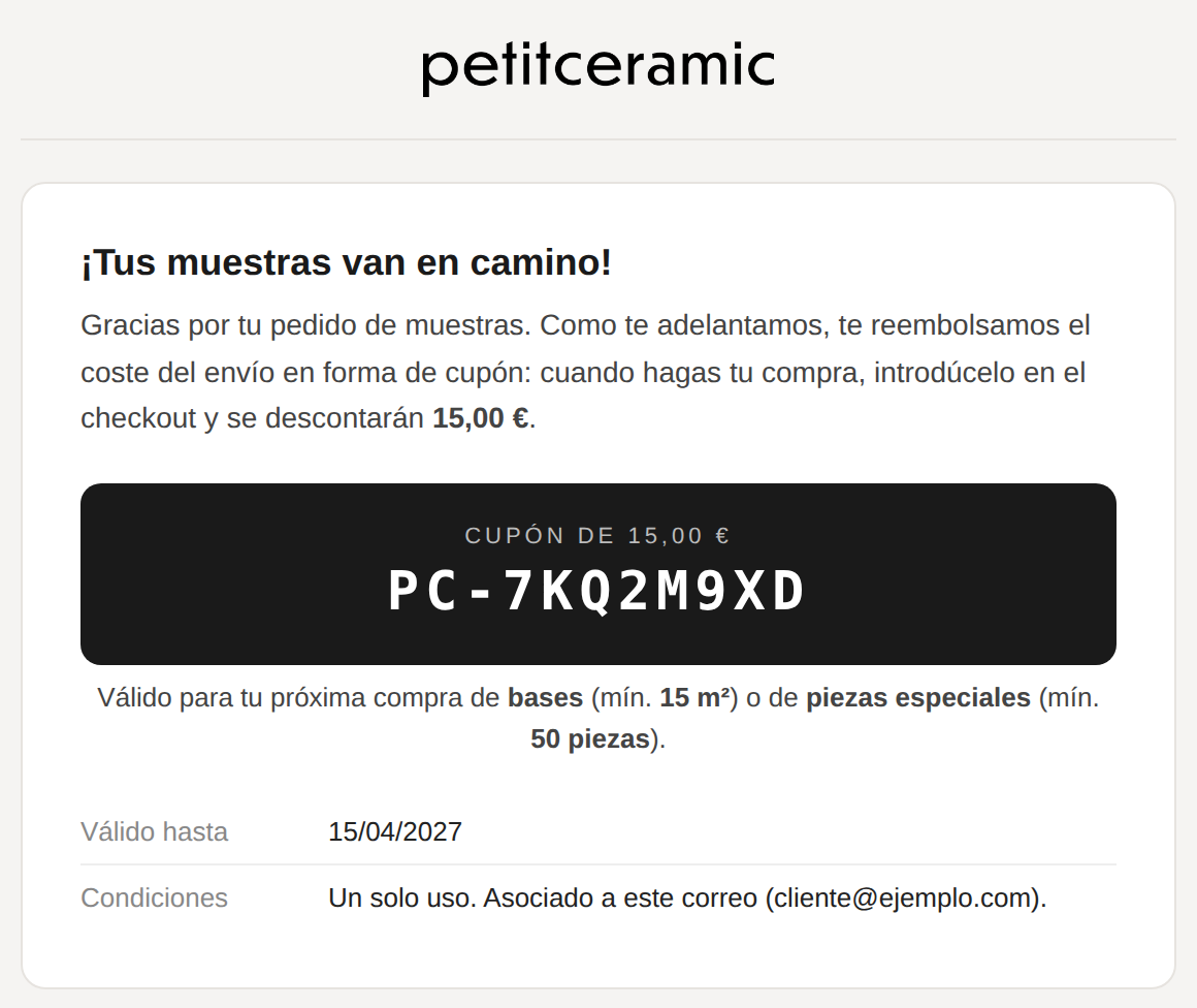 Email con el cupón que devuelve el envío de las muestras
