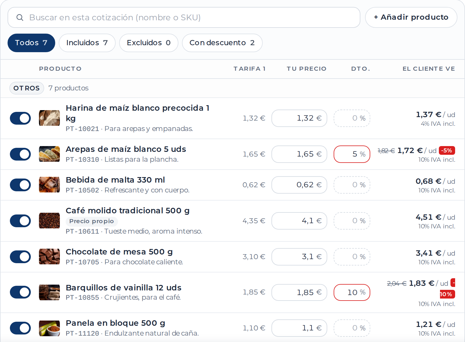 Cotización en preparación con precios, descuentos y condiciones